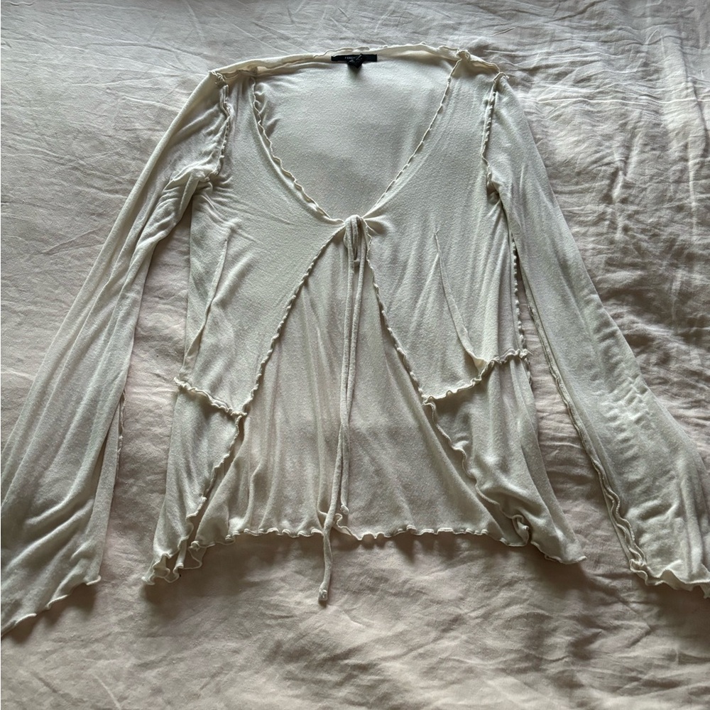 Lightweight long bell sleeve boho cream tie top